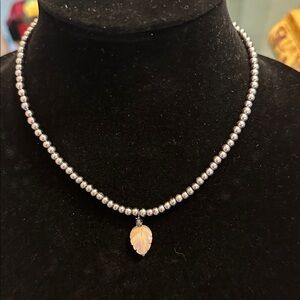 Gray Pearlescent Beads with Dainty Mother of Pearl Leaf Pendant